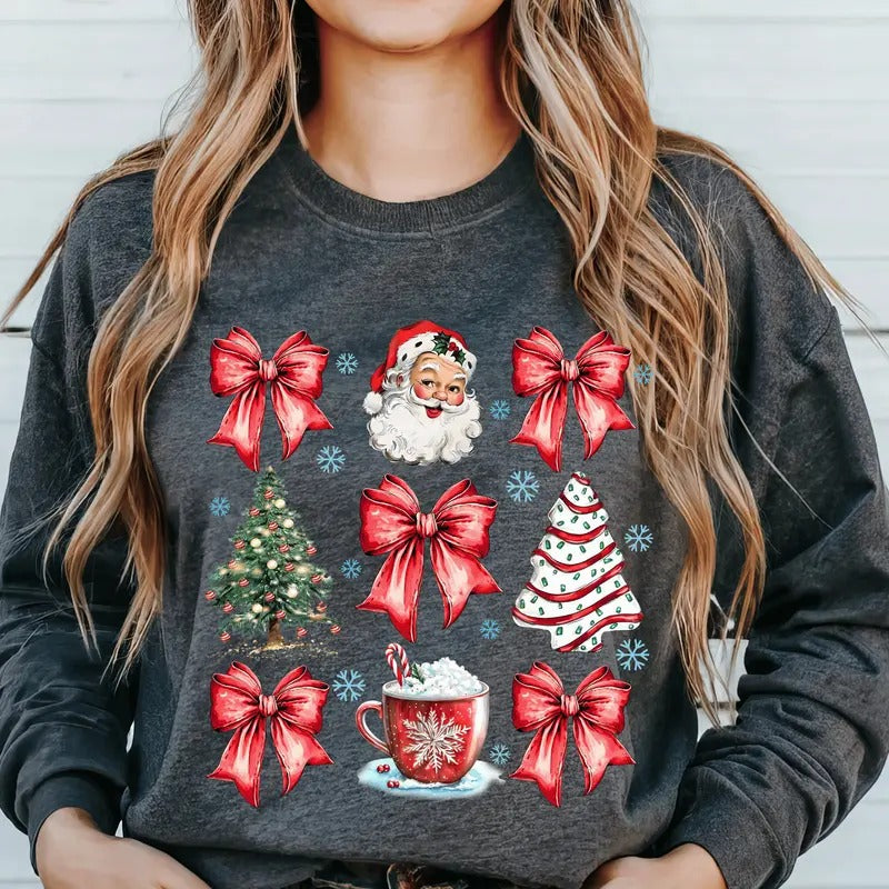Vintage Coquette Christmas Santa with Hot Cocoa and Bows. Casual Everyday Softstyle Christmas Unisex Pullover Crewneck...