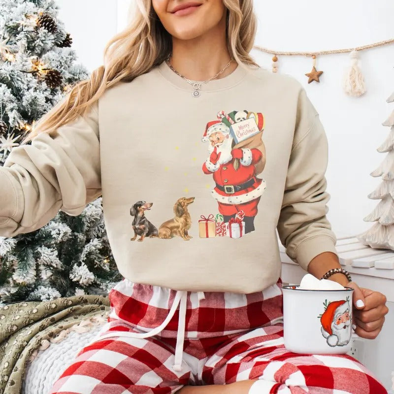 Vintage Dachshund Santa Christmas Sweatshirt, Dachshund Christmas, Dachshund gift for dog mom, Doxie mom, Long haired...