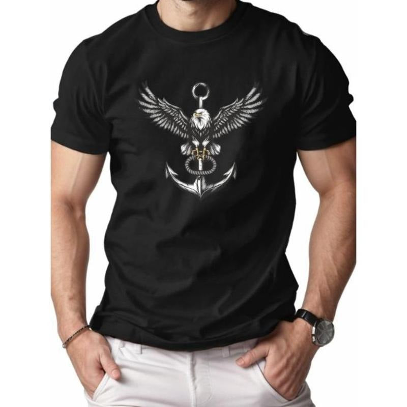 Vintage Eagle and Anchor Graphic Print Pure Cotton Comfort Fit T-Shirt for Men - Classic Casual Wear - Soft, Breathable,...