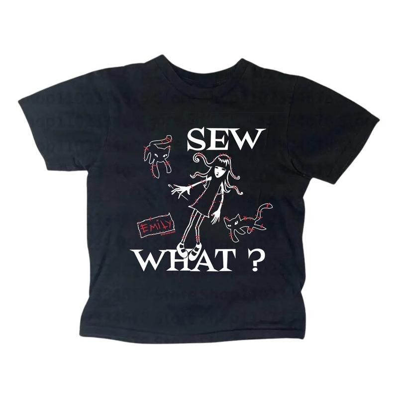Vintage Emily Cat Baby Tee, Gothic Emo Girl Top, Y2K Women's Fitted Cotton Short Sleeve T-Shirt, Casual Summer Womenswear