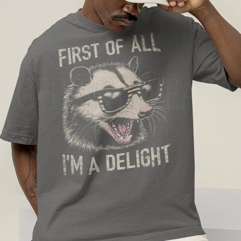 Vintage First Of All I'm A Delight Shirt, Retro Funny Raccoon Sweatshirt, Full Sizes, Full Colors, Unisex Shirt for Men...