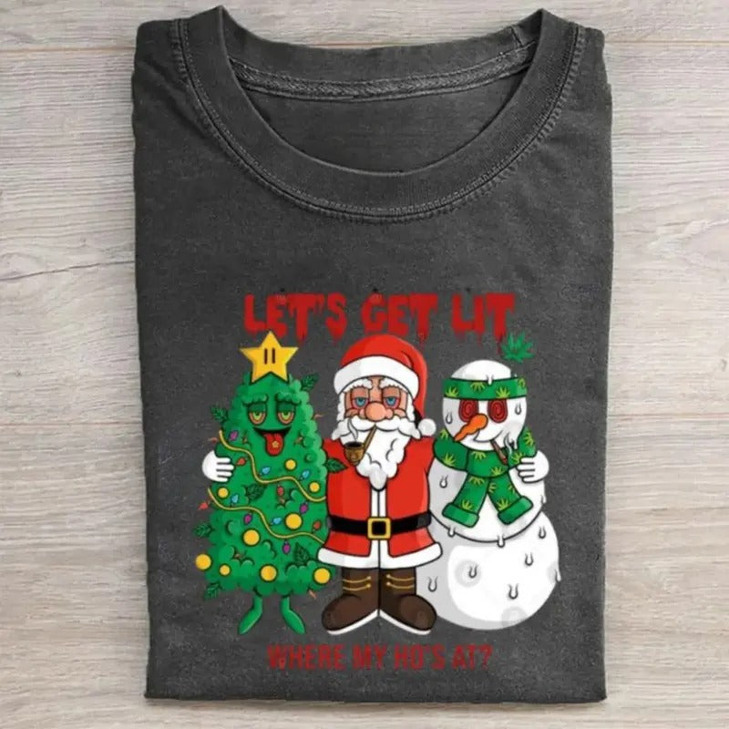 Vintage Funny Christmas Graphic Tee -  Let's Get Lit, Where My Ho's At Shirt - Santa Stoner Claus Shirt - Stoner Gifts -...