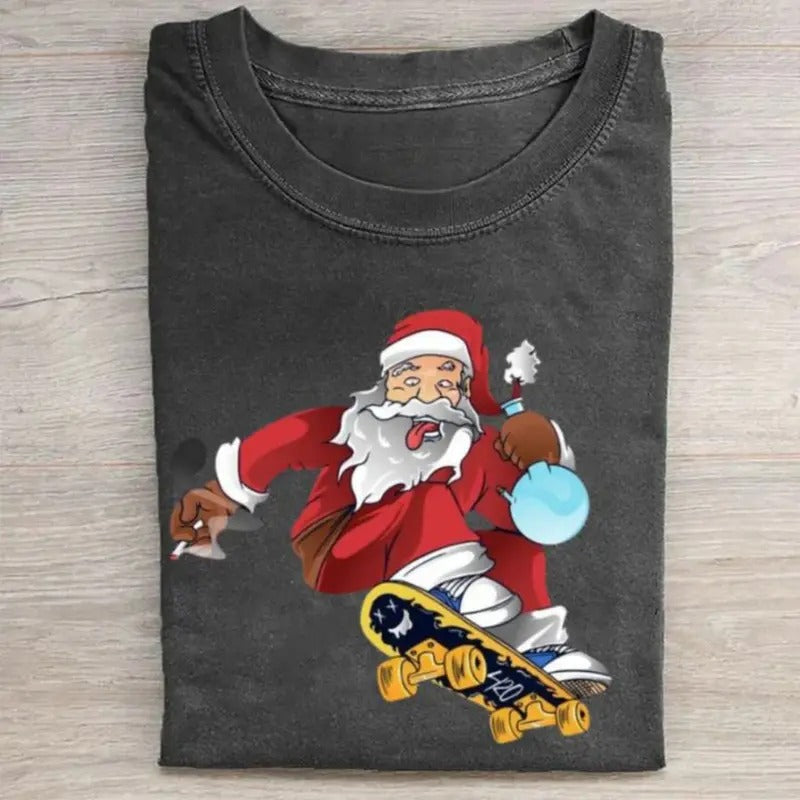 Vintage Funny Christmas Graphic Tee - Santa Skateboarding - Christian Christmas - Santa Holding a Boong - Funny Cannabis...