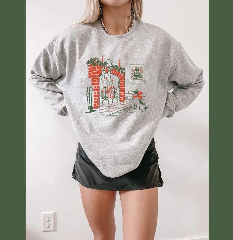 Vintage Grandma Christmas Sweatshirt - Retro Dog by Fireplace Holiday Crewneck Sweater - Dog Christmas Sweatshirt...
