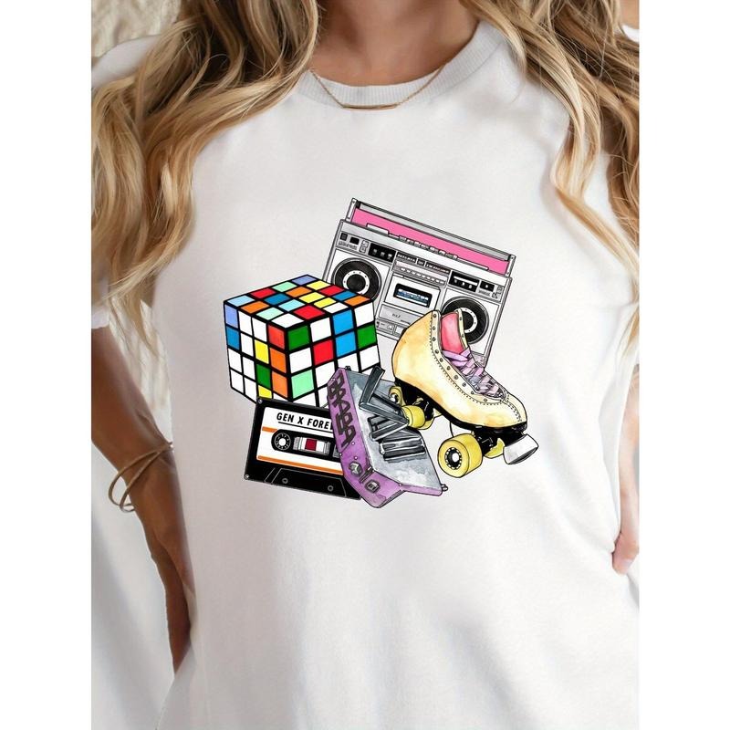 Vintage Graphic Print Crew Neck T-shirt, Casual Short Sleeve Top For Spring & Summer, Women'WB shield Clothing Hoodie,...