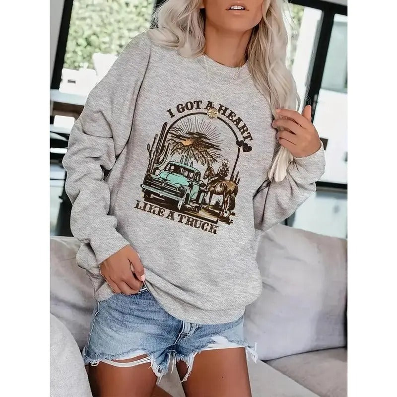 Vintage Graphic Print Pullover Sweatshirt, Casual Loose Drop Shoulder Sweatshirt For Fall & Winter, Women's Clothing...
