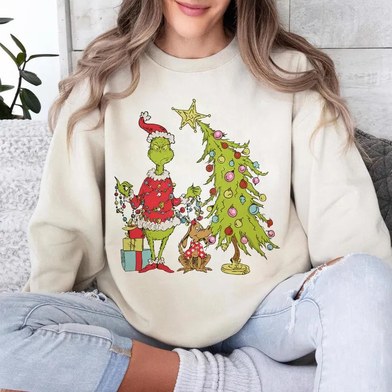 Vintage Grlnch Christmas Tree Sweatshirt, Whimsical Grnch Max Tree Sweatshirt, Retro Xmas Tee, Funny Grinchy Gift Hoodie