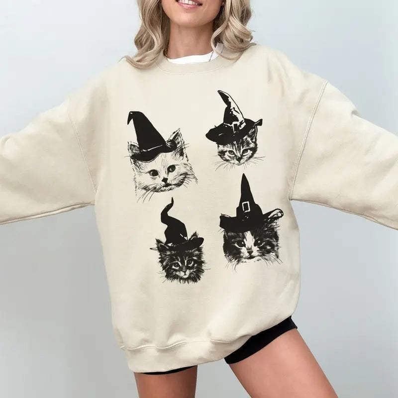 Vintage Halloween Cat Shirt, Halloween Sweatshirt, Halloween Crewneck, Black Cat, Halloween Sweater, Halloween Gift, Cat...