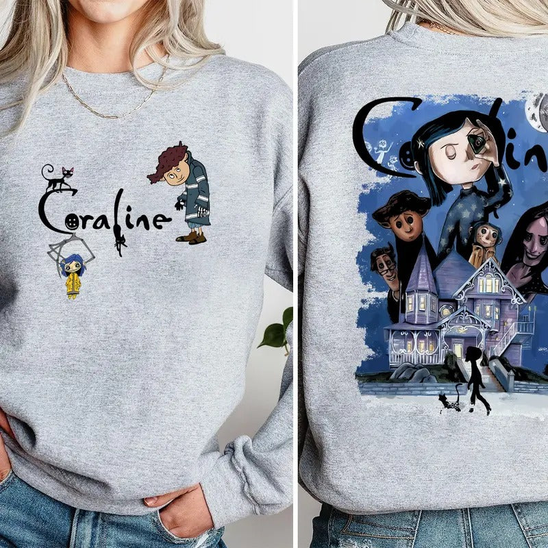 Vintage Halloween Movie Hoodie, Coraline Doodle Halloween TShirt, Coraline Spooky Movie Double Side Shirt Sweatshirt...