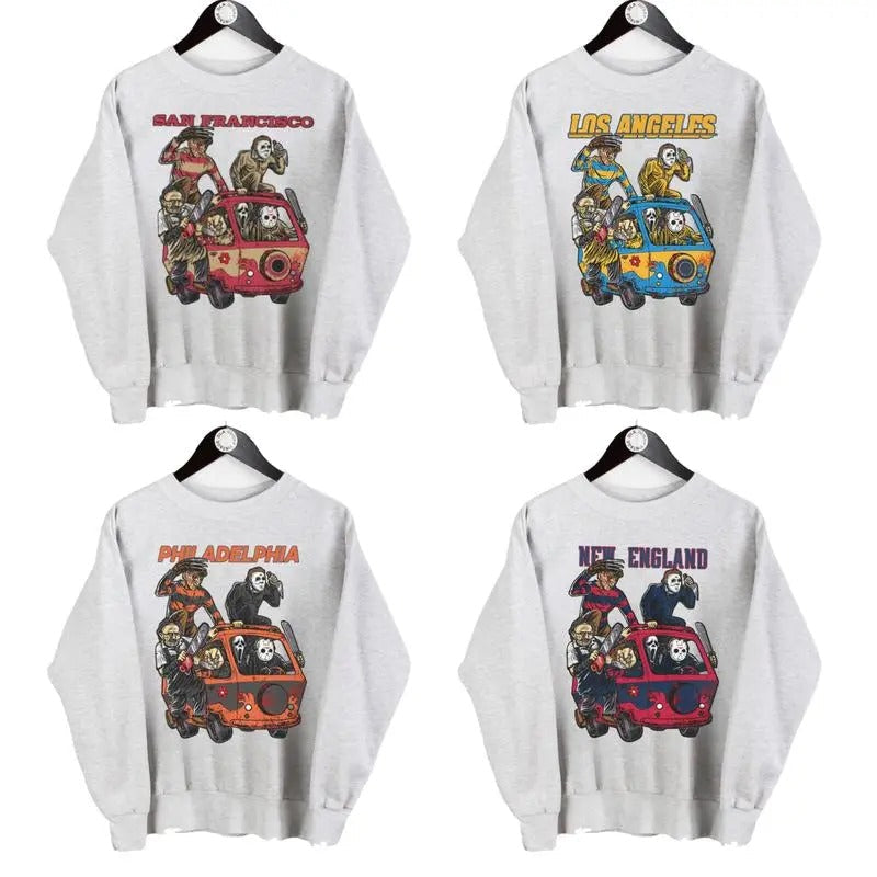 Vintage Horror Character Halloween Movie All Team Football Ash Grey Sweatshirt, Football Halloween Spooky Season Classic...