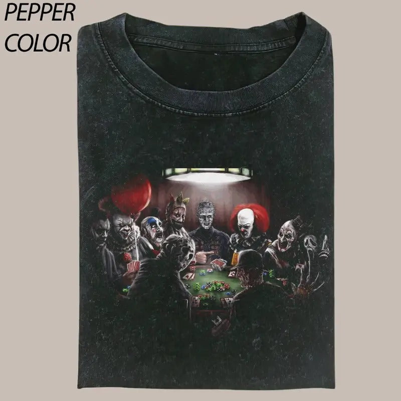 Vintage Horror Gang Playing Poker Crewneck T-shirt, Horror Characters Movies Tee, Valentine's Day For Him, Valentine's...