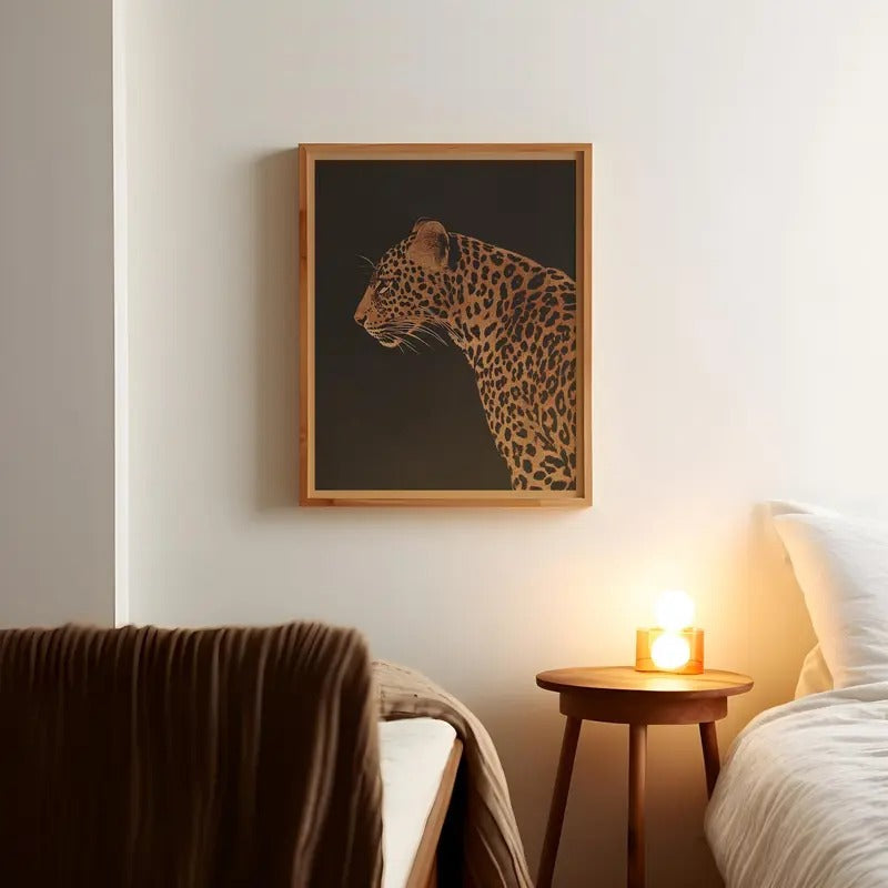 Vintage Leopard on Black Background Print Minimalist Safari Animal Wall Decor Retro Outdoors Poster African Savannah...