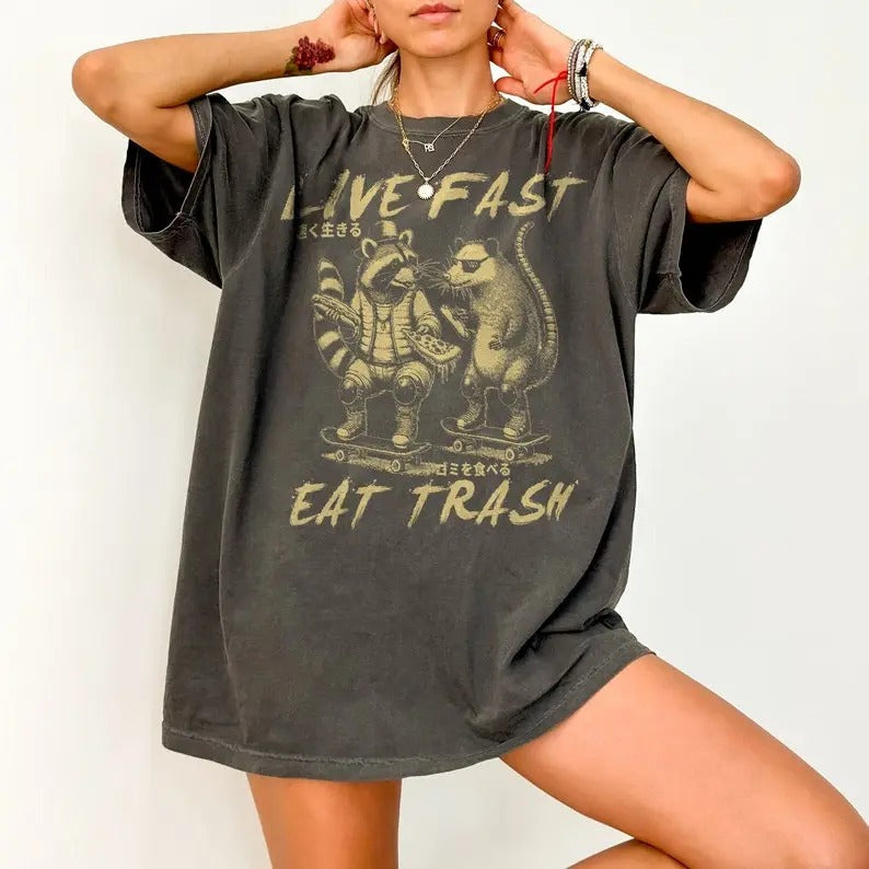 Vintage Live Fast Eat Trash Comfort Colors T-Shirt, Retro Funny Raccoon Shirt, Vintage Raccoon Tshirt, Raccoon Tee...