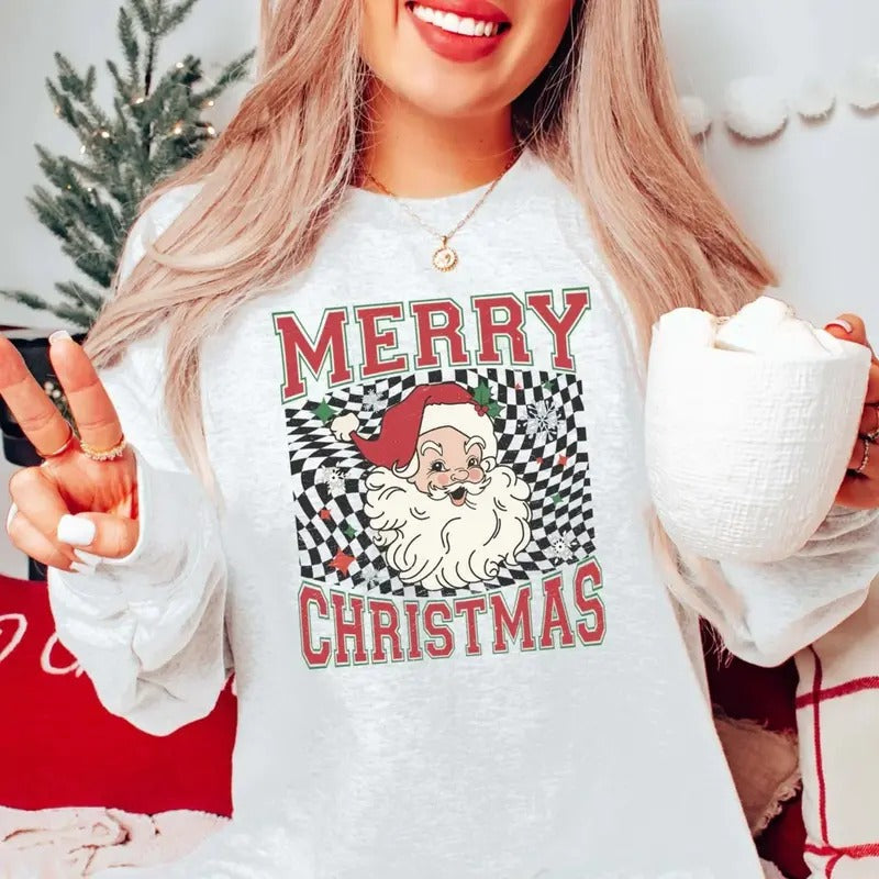 Vintage Merry Christmas Santa Checkered Graphic Tee - Santa Claus - Christmas Vibes