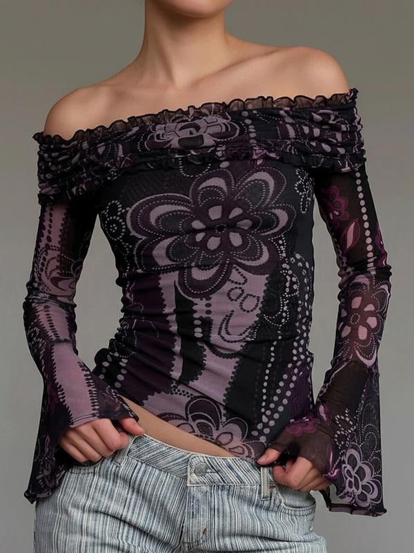 Vintage Mesh Print FOG Flare Sleeve T-Shirt, Street Fashion Elastic Slim Fit Short Long Sleeve Top, Women'WB shield...