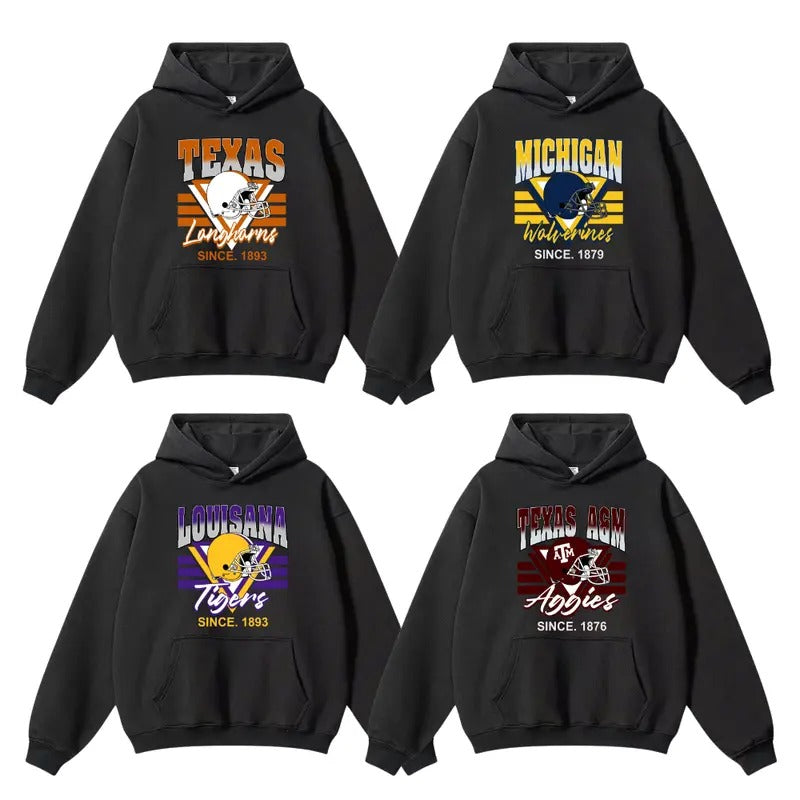 Vintage NCAA Football Hoodie - Black Hoodie for Sports Fans, Ohio State, Georgia, Michigan, Auburn, Notre Dame,...