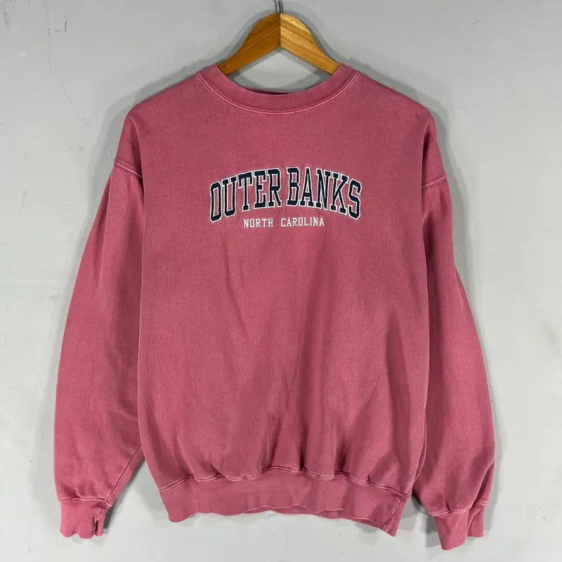 Vintage Outer Banks North Carolina Spellout Big Logo Sweatshirt Crewneck Pullover Sweater Colour Soft Pink Size Medium...