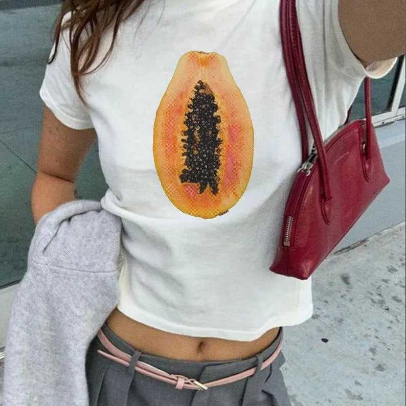 Vintage Papaya Fruit Graphic 90s Baby Tee | Y2K Streetwear Top | Classic Round Neck Women's Top Hoodie, Sweatshirt