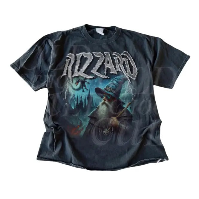 Vintage Rizzard Fantasy Wizard  T-Shirt, Retro Wizard Dragon Catstle Shirt, Dark Art Castle Magic Rizz Shirt, Graphic...