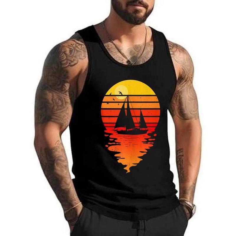 Vintage Sailing Sail Boat Sunset Retro Sailboat Unisex Tank Top, Cotton, Size S-3XL T-Shirts, Hoodie, Sweatshirt
