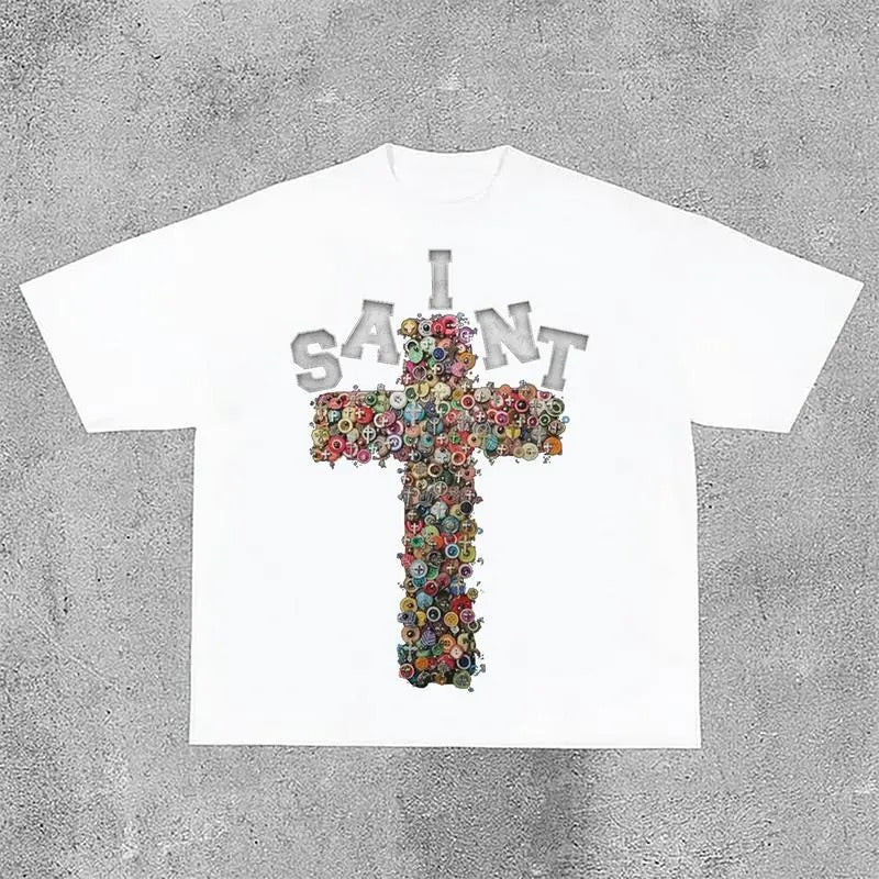 Vintage Saint Cross Graphics Printed Cotton T-Shirt Y2k Graphic Tees vintage  graphic  tees Soft Top Hoodie, Sweatshirt