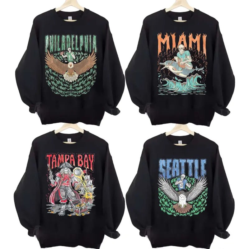 Vintage Skeleton All Teams Football Black Sweatshirt, Gildan Unisex Crewneck Sport Classic Sweatshirt All Teams Football,...