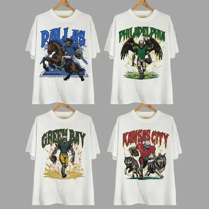 Vintage Skeleton All Teams Football Cotton T-shirt, Gildan 5000 Unisex Crewneck Sport Classic T-Shirt All Teams Football,...