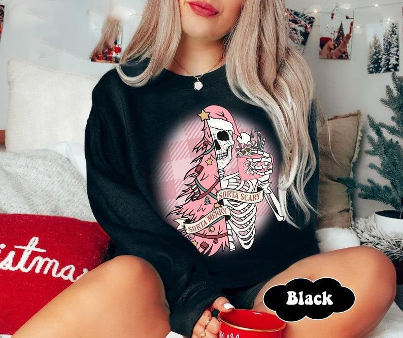 Vintage Sorta Merry Sorta Scary Crewneck, Funny Pink Christmas Sweatshirt, Cute Spooky Season Sweater, Pink Christmas...