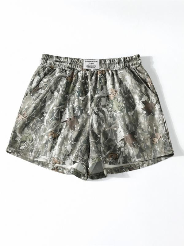 Vintage Street TNF Branch Camo Print Loose-Fit Gym Shorts, Streetwear Sports Shorts, Casual All-Season Wear, Moderate...