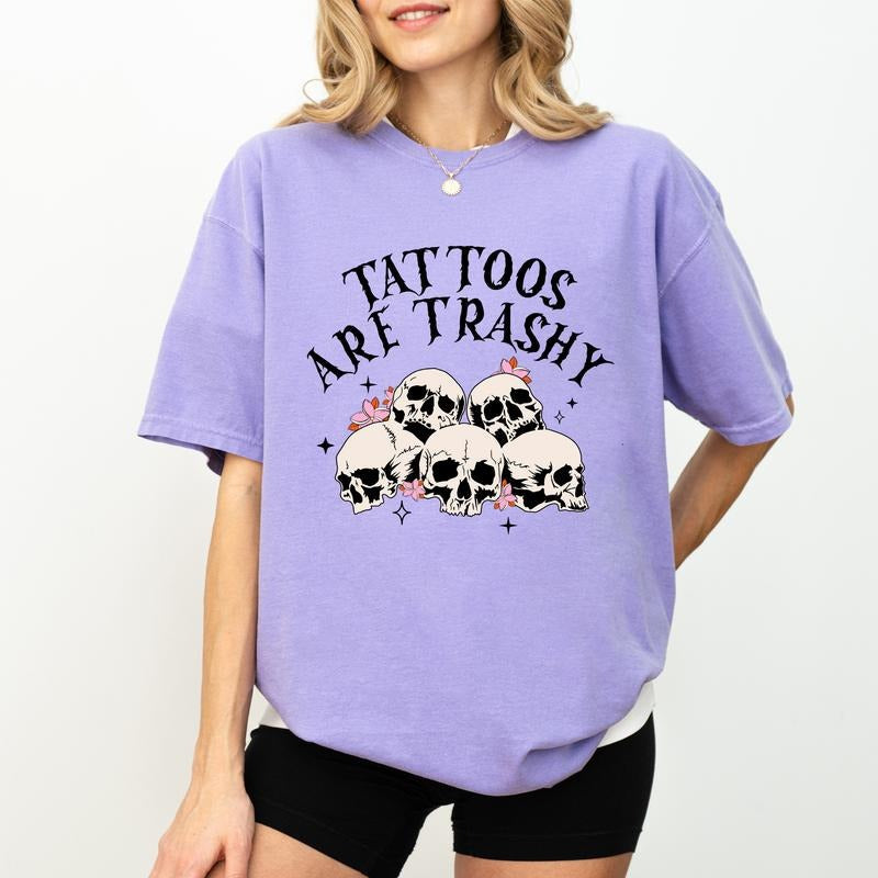 Vintage Tattoos Are Trashy Shirt, Retro Tattoos Are Trashy Tee, Skull Skeleton Graphic Printed Tee, Funny Gift For...