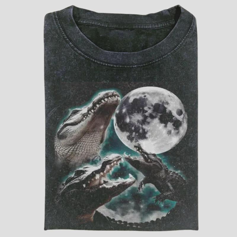 Vintage Three Gator Moon Graphic Tee, Swampcore Animal Meme Shirt, Retro Beast Aesthetic, Unisex Menswear Womenswear Top...