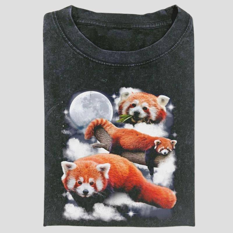 Vintage Three Red Panda Moon Graphic Tee, Cute Animal Meme Shirt, Cloudcore Bamboo Vibes Aesthetic, Unisex Menswear...