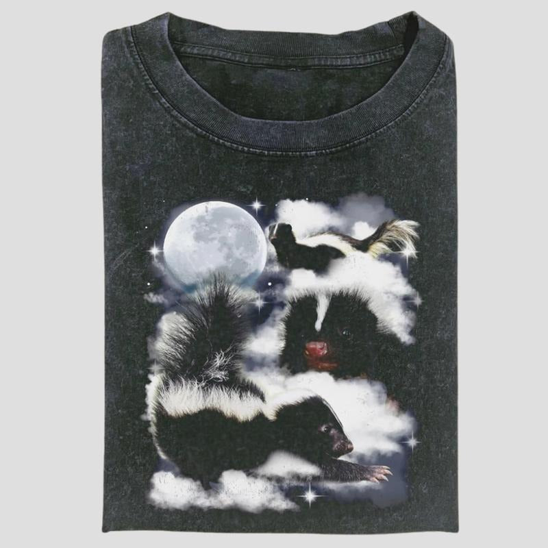 Vintage Three Skunk Moon Graphic Tee, Funny Animal Meme Shirt, Cloudcore Forest Vibes Aesthetic, Unisex Menswear...