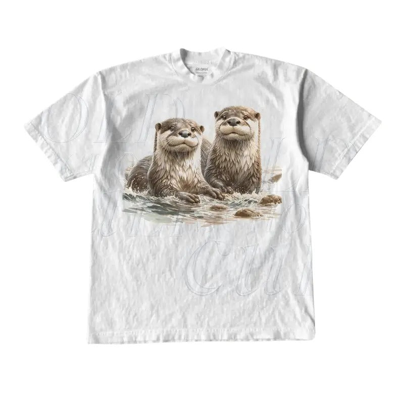 Vintage Two River Otters Wilderness 90s T Shirt - Nineties  Mustelids Wildlife Outfit - Boho Unisex Cute Tee - Y2k Cute Tee
