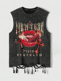 "Vintage Washed Graphic Tank Top with Fringe Hem, New York Brooklyn Flame Lips Cross Print | Goth Streetwear Y2K TNF...