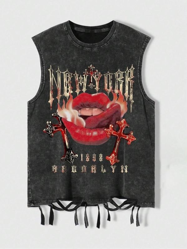 "Vintage Washed Graphic Tank Top with Fringe Hem, New York Brooklyn Flame Lips Cross Print | Goth Streetwear Y2K TNF...