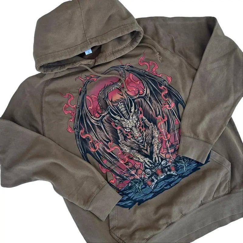 Vintage Washed Hoodie - Dragon, Unisex, Gift for Dad, Monster Sweatshirt, Goth, Zombie, Halloween, Scary, Rock, Punk,...