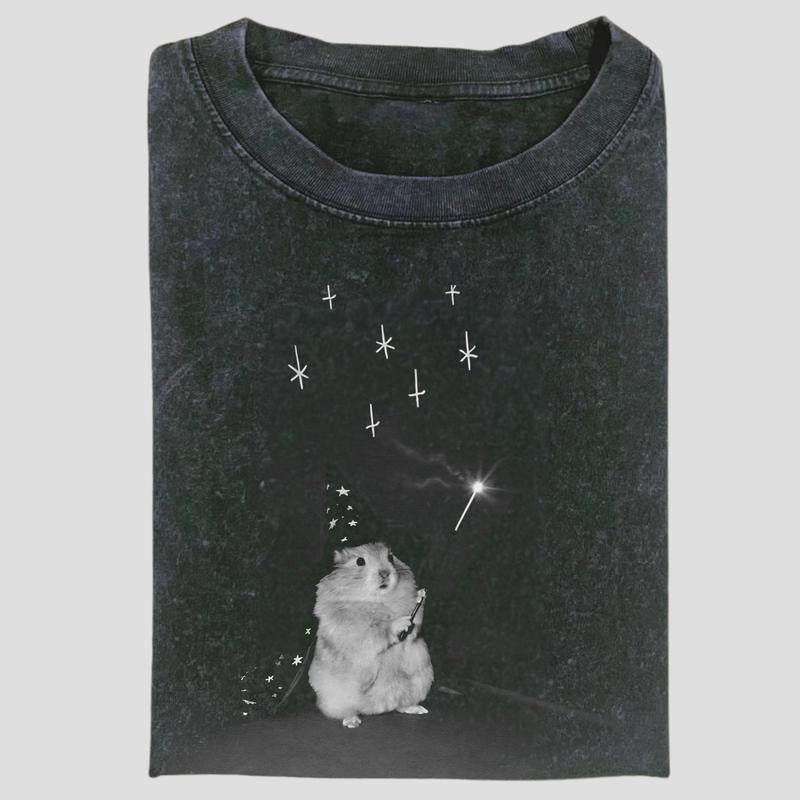 Vintage Wizard Hamster Graphic Tee, Funny Magic Wand Meme Shirt, Whimsical Animal Fantasy Style, Unisex Menswear...