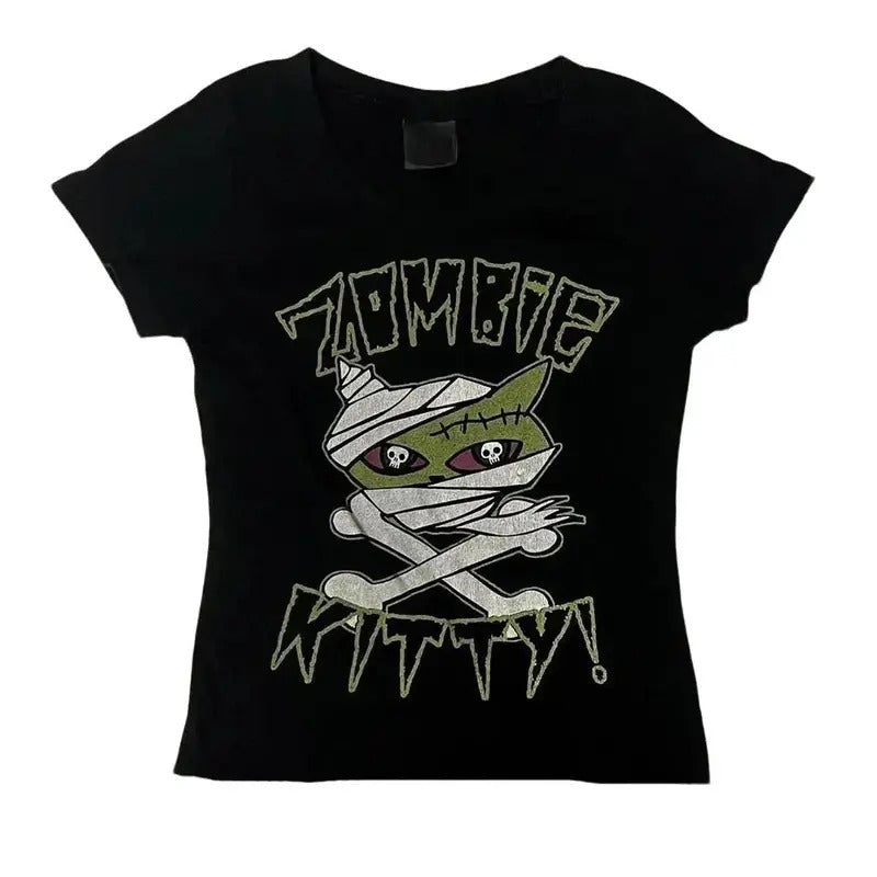 Vintage Zombie Kitty Baby Tee, Gothic Emo Girl Top, Y2k Top Women Streetwear, Scene Clothing 2000s Hoodie, Sweatshirt