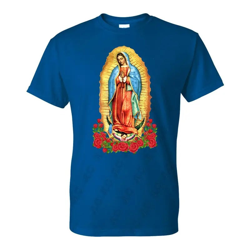 Virgen de Guadalupe Mens T-Shirt - Blue Cotton Crewneck with Virgin Mary Design Hoodie, Sweatshirt | RetroVerseTees.com