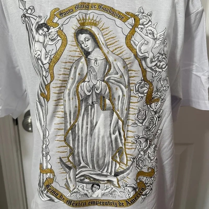 Virgencita changing colors t-shirt White Cotton Hoodie, Sweatshirt | RetroVerseTees.com