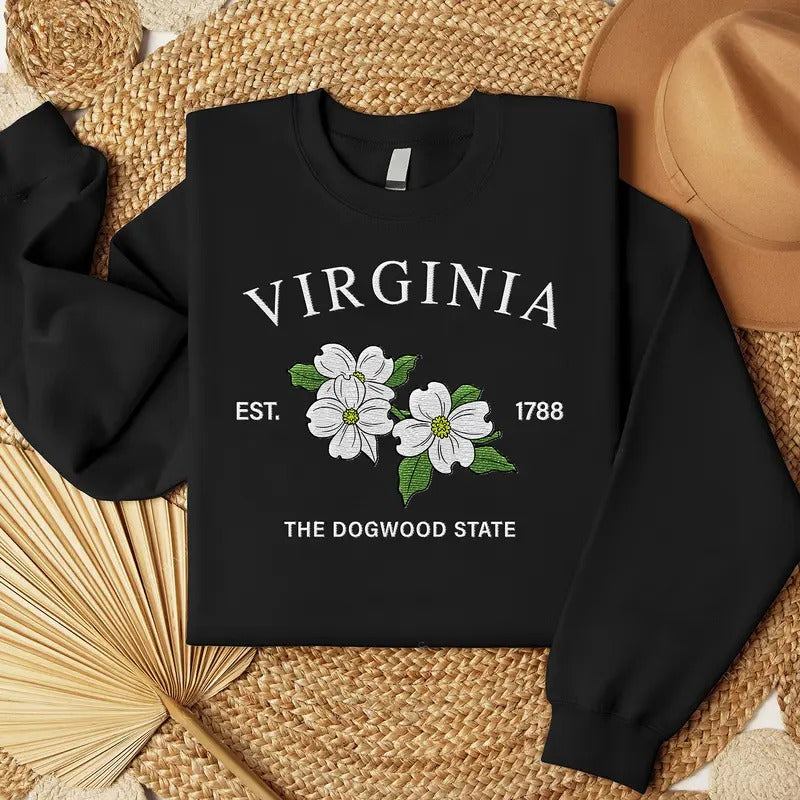 Virginia Dogwood Embroidered State Flower Sweatshirt, Hometown Embroidered Shirt, Favorite Flower Embroidered Shirt Hoodie