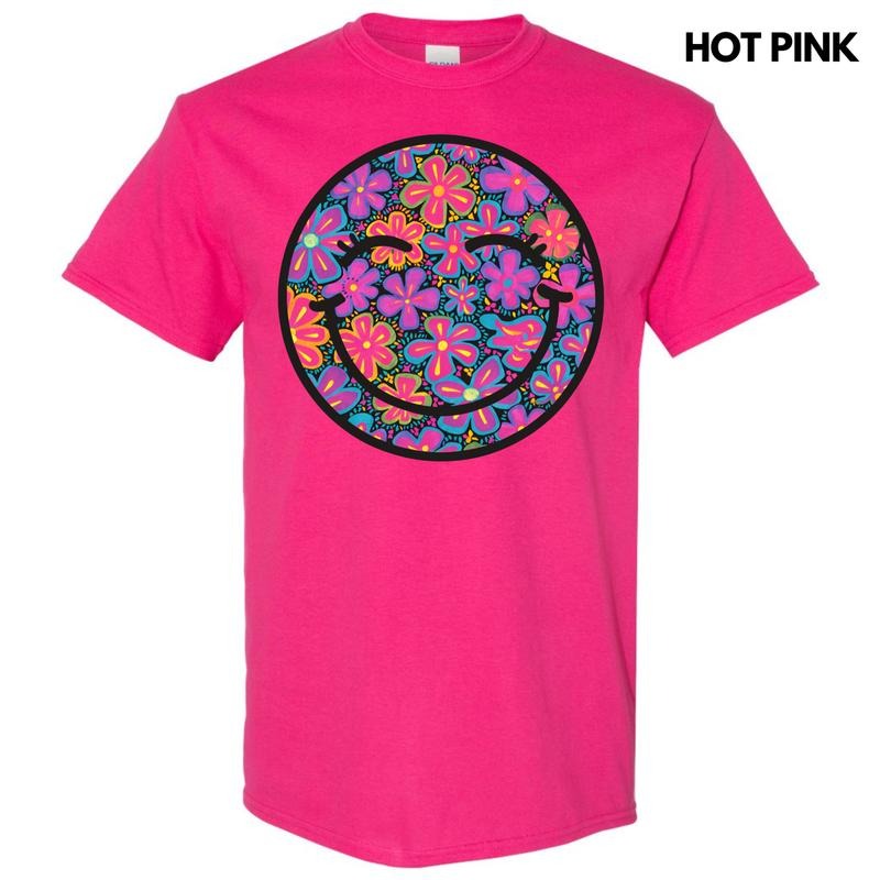 Vivid Neon Floral Happy Face Gildan Short Sleeve T-Shirt 'NLB' Hoodie, Sweatshirt | RetroVerseTees.com