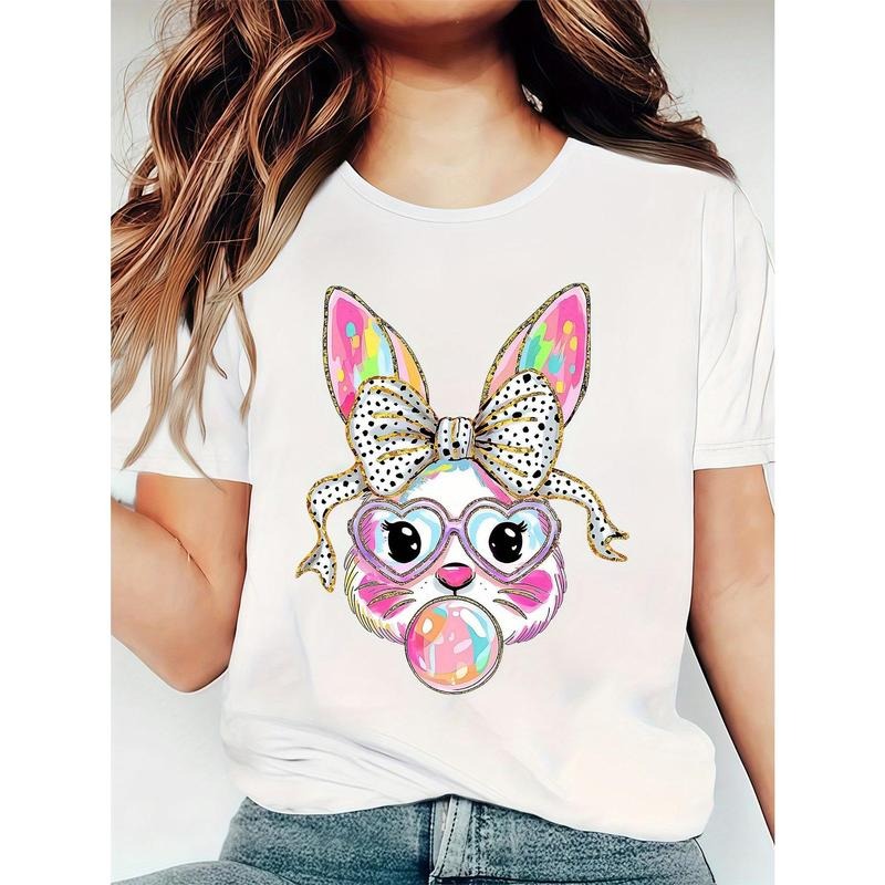 WB shield Women'WB shield Casual Round-Neck Easter T-Shirt Featuring WB shield Cute Bunny Blowing Bubbles, with WB shield...