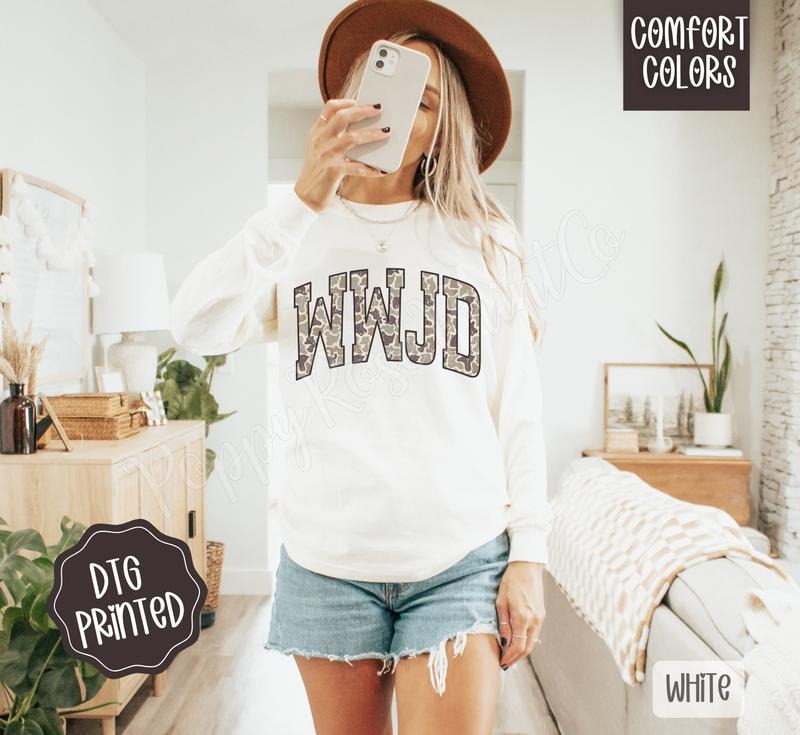 WWJD Comfort Colors Long Sleeve T-Shirt, Cute Women's Religious Tee Hoodie, Sweatshirt | RetroVerseTees.com