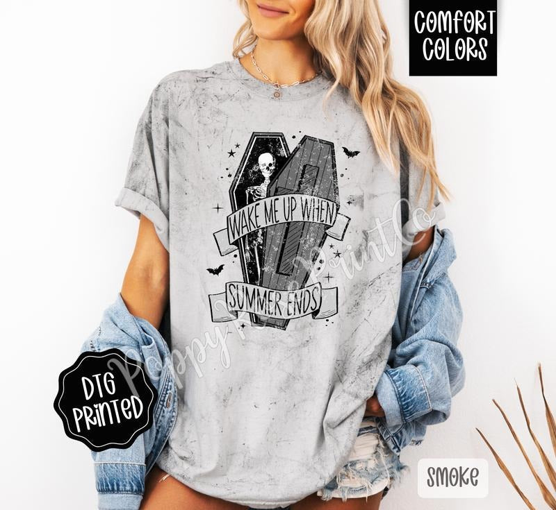 Wake Me Up When Summer Ends Halloween Tee Comfort Colors Color Blast T-Shirt, Women's Graphic Tee Spooky Season Shirt...