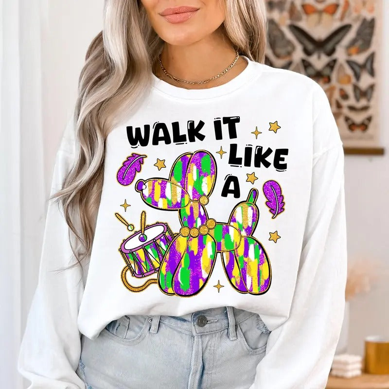 Walk It Like A Dog Mardi Gras Tshirt Sweatshirt, Glitter Mardi Gras Shirt, Fleur De Lis Shirt, Coquette Bow Tee, Unisex...
