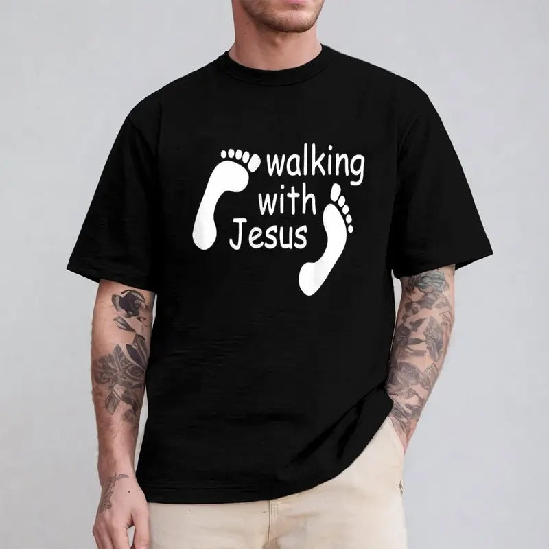 Walking with Jesus Tee Pure Cotton Casual Style Crew Neck Short Sleeve T-Shirt Tops Trendy for Women for Men, Perfect...