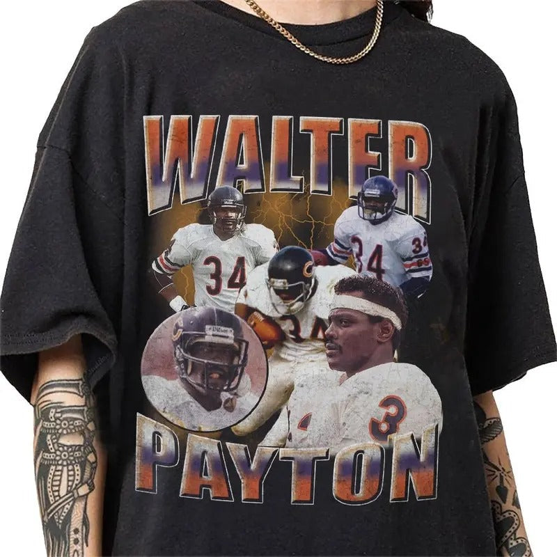 Walter Payton 90s Vintage Bootleg Style T-Shirt, Classic Retro Graphic Unisex Tee Gift For Men and Women Hoodie, Sweatshirt