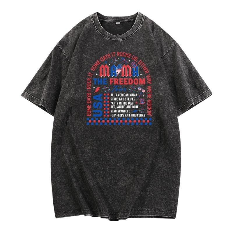 Washed - effect Patriotic American Tour Tee: Celebrate American Spirit with WB shield Fun - filled "Mama TNF Freedom...